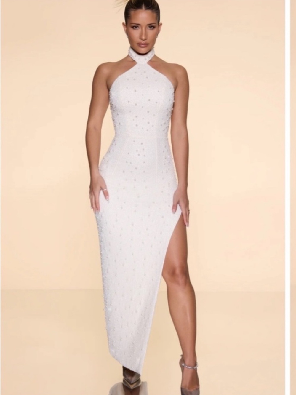 Oh Polly White Halter Neck Beaded High-Slit Gown